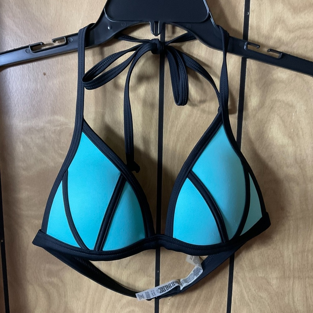 PINK Victoria's Secret Turquoise and Black Triangle Bikini Top